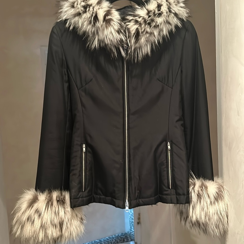 Anne Dee Goldin Black Ski Jacket w/Feathered Fox Trim